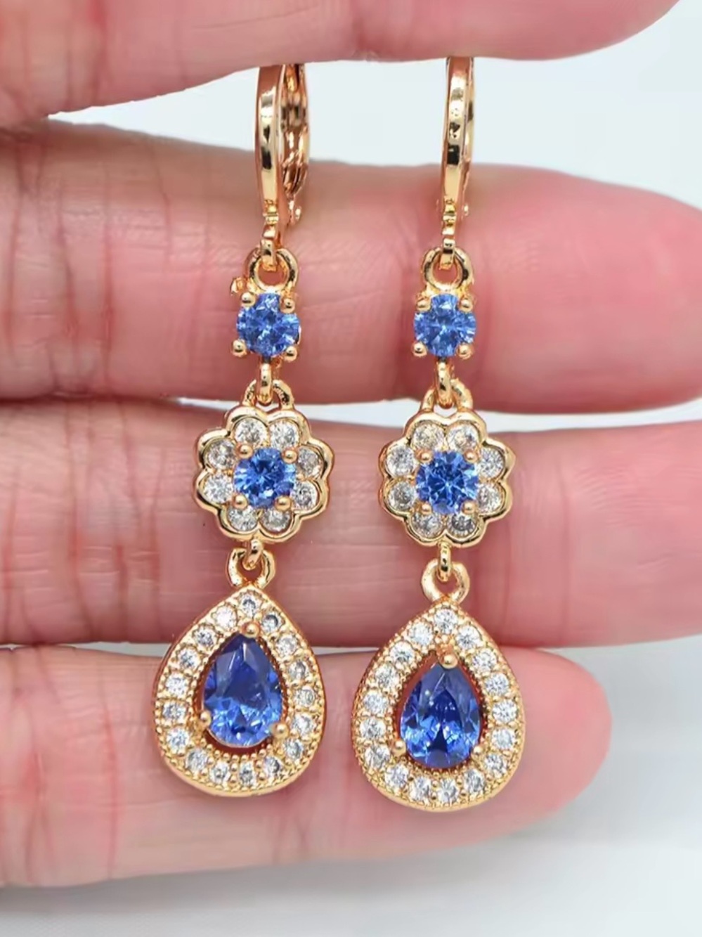 Gold Plated Blue Teardrop Drop Earrings - Elegant Floral Halo Design